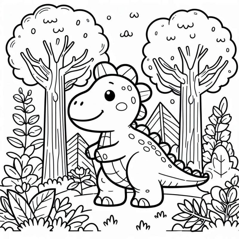 Desenho de Simpático Dinossauro na Floresta para Colorir