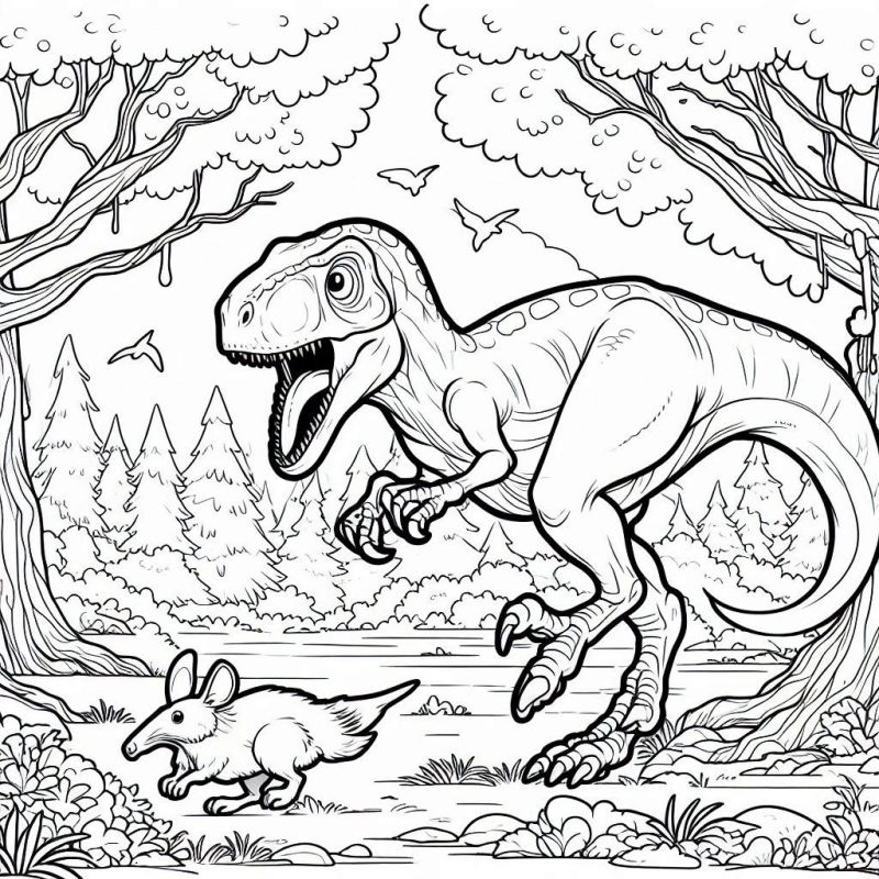 Desenho de Dinossauro em Ambiente Pré-Histórico para Colorir