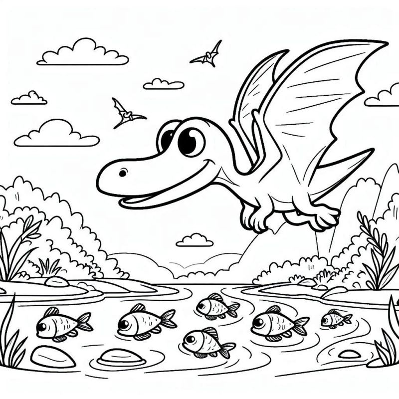 Divertido Desenho de Dinossauro Voador Sorridente para Colorir