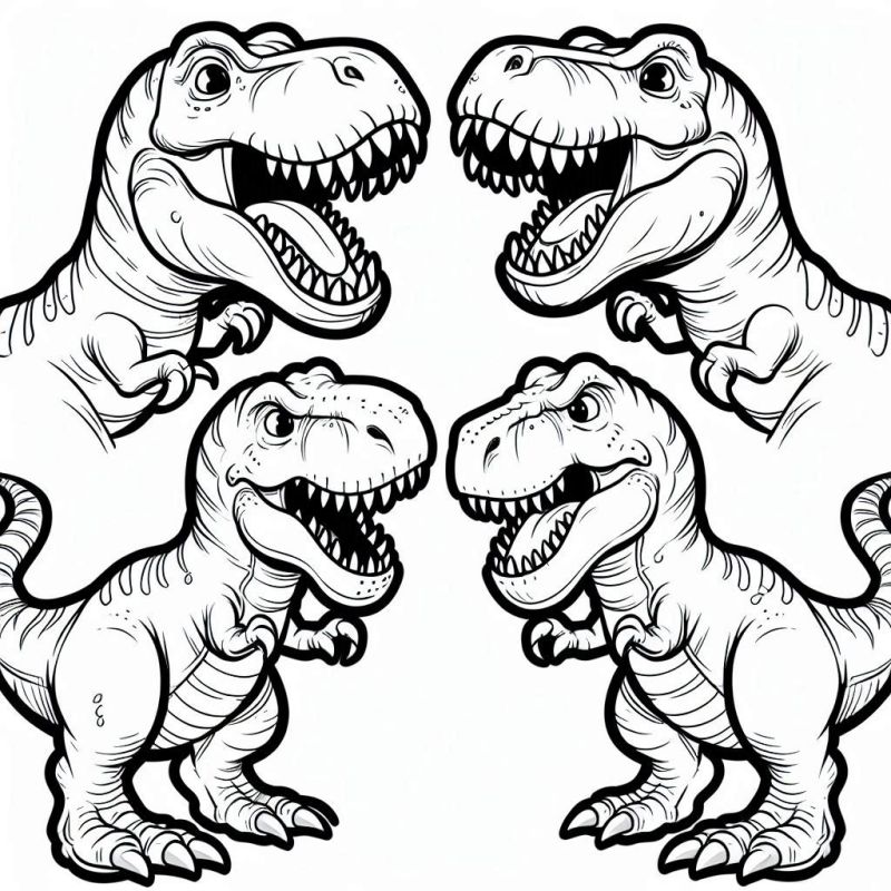 Desenhos de Quatro T-Rex Detalhados em Estilo Cartoon para Colorir