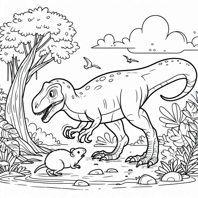 Cenário Pré-Histórico com Dinossauro e Roedor para Colorir