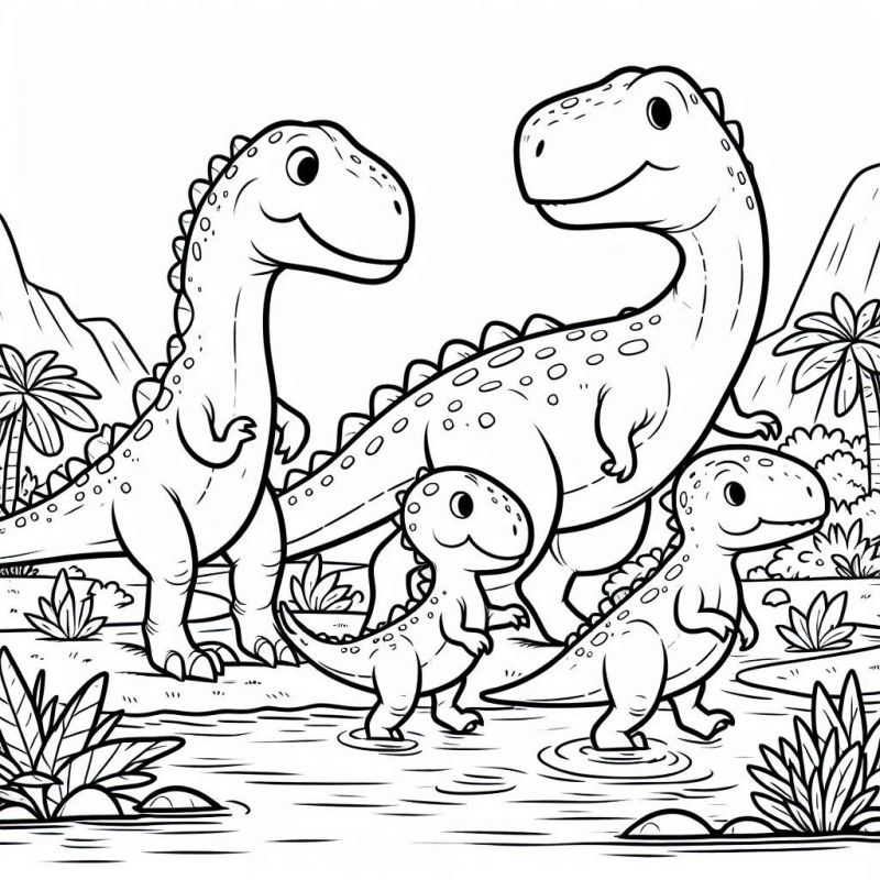 Desenho de Dinossauros Alegres para Colorir