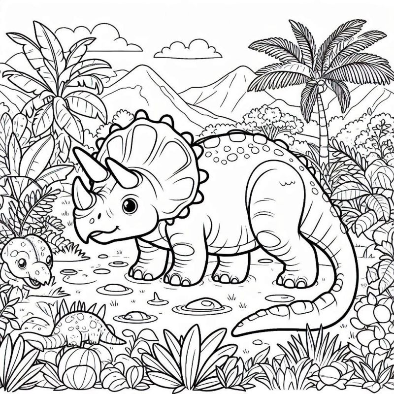 Desenho de Tricerátopo e Estegossauro para Colorir: Aventura Pré-Histórica