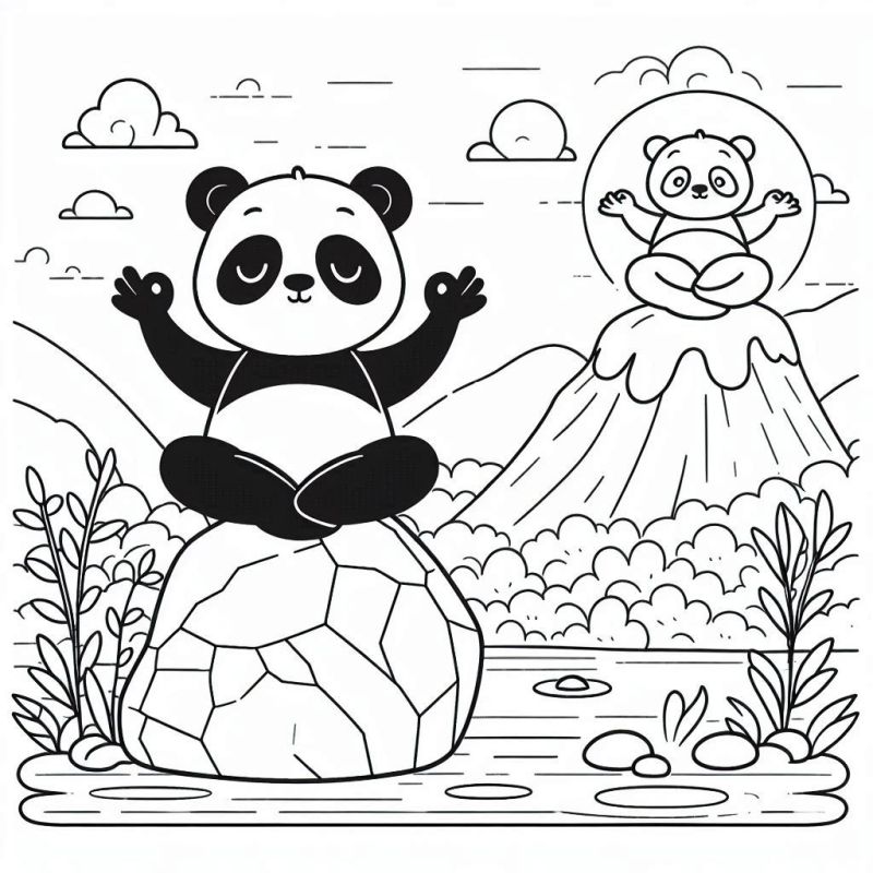 Desenho de um panda meditando em um bosque sereno para colorir