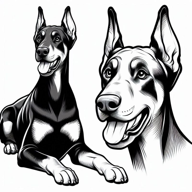 Desenho de Doberman para colorir, retratando um cão sentado e um close do rosto.