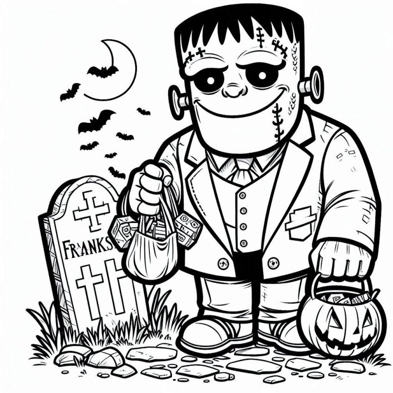 Frankenstein Feliz com Doces de Halloween para Colorir