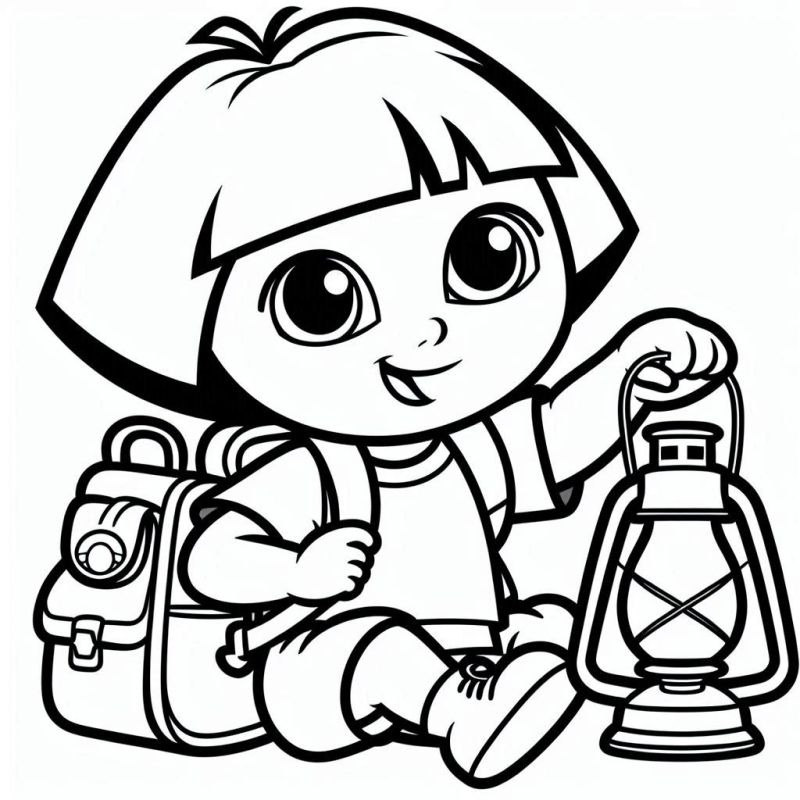 Desenho de Dora Aventureira com lanterna pronta para explorar, disponível para colorir