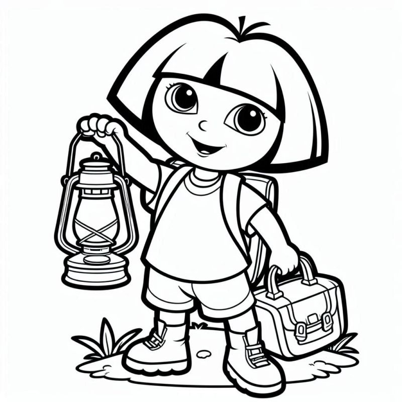 Desenho para colorir de Dora Aventureira com lanterna e mochila, pronta para novas aventuras.