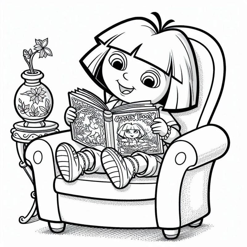 Dora Aventureira Lendo em Poltrona: Desenho para Colorir