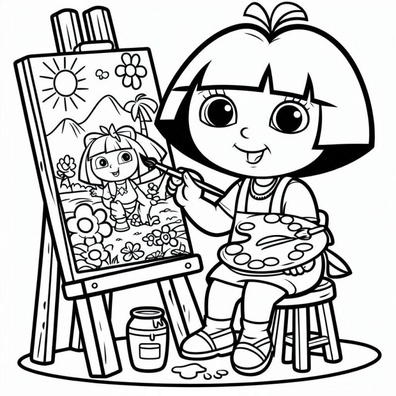 Desenho da Dora Aventureira Pintando um Quadro para Colorir