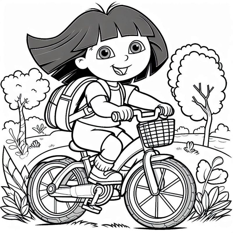 Desenho de Dora Aventureira andando de bicicleta em um cenário natural para colorir