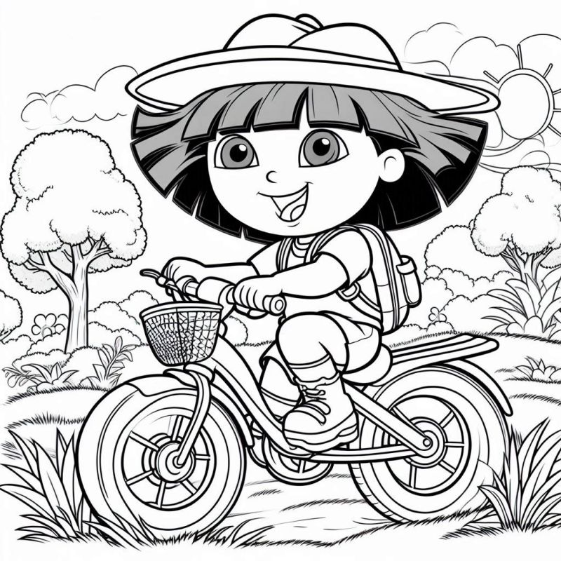 Desenho de Dora Aventureira Andando de Bicicleta para Colorir