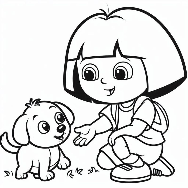 Desenho da Dora Carinhando um Cachorro para Colorir