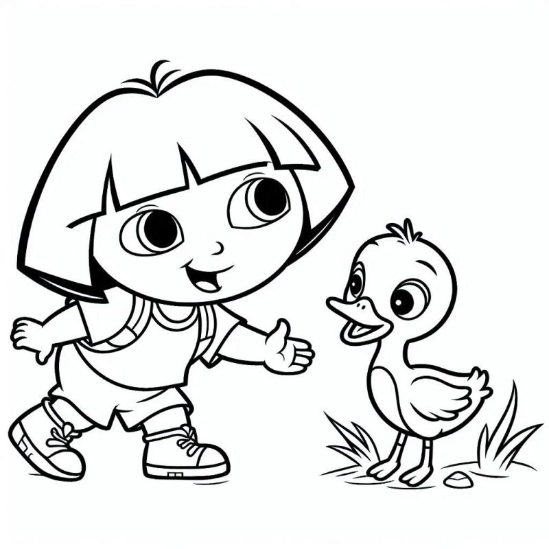 Desenho de Dora Aventureira com Pato para Colorir