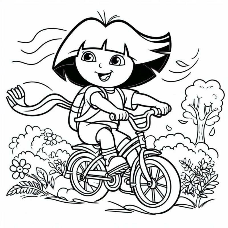 Dora Aventureira andando de bicicleta em um cenário campestre para crianças colorirem