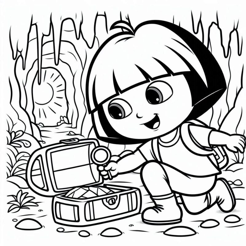 Dora Aventureira explorando uma caverna com uma lupa