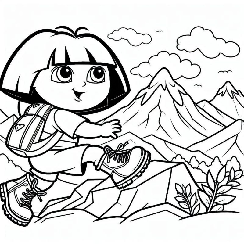 Desenho de Dora Aventureira em uma paisagem de montanha para colorir