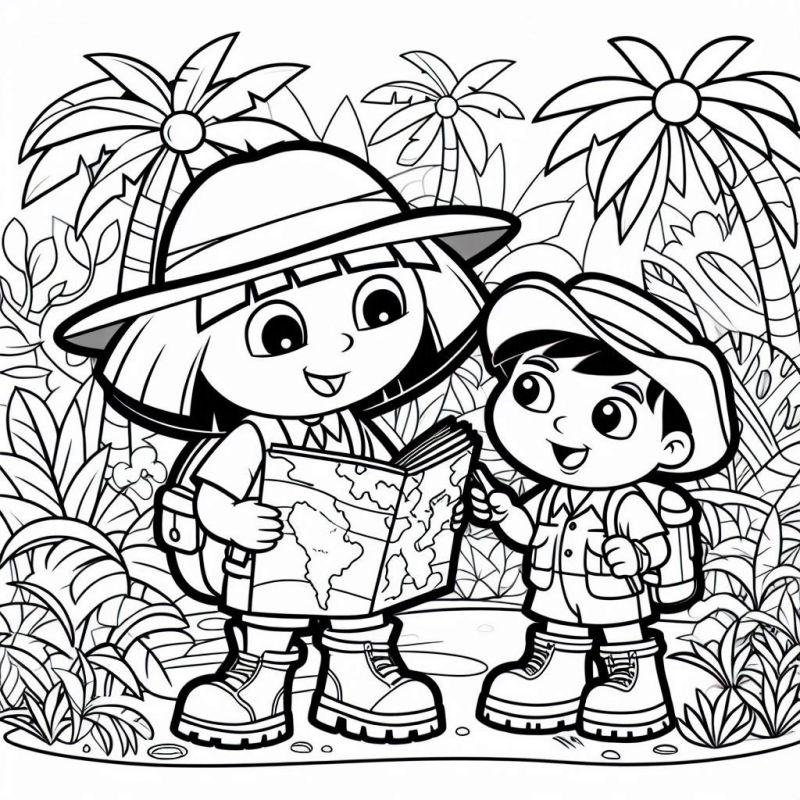 Dora Aventureira e Diego na floresta tropical com mapa, prontos para explorar e colorir