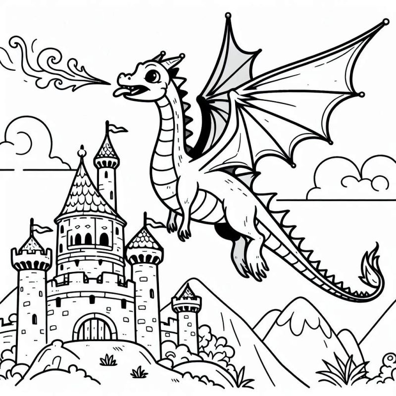 Majestoso dragão em um cenário medieval com castelo para colorir