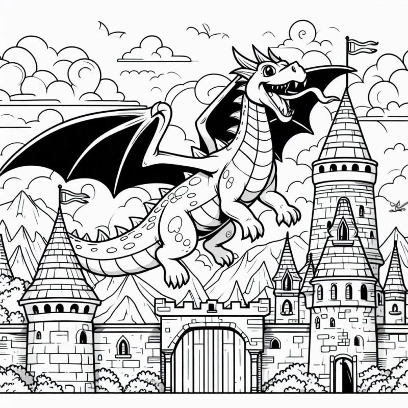 Desenho detalhado de dragão voando sobre castelo medieval para colorir