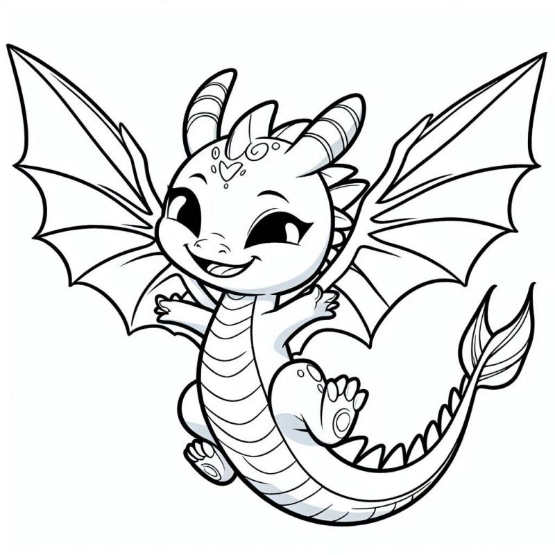 Desenho de dragão adorável e sorridente voando para colorir