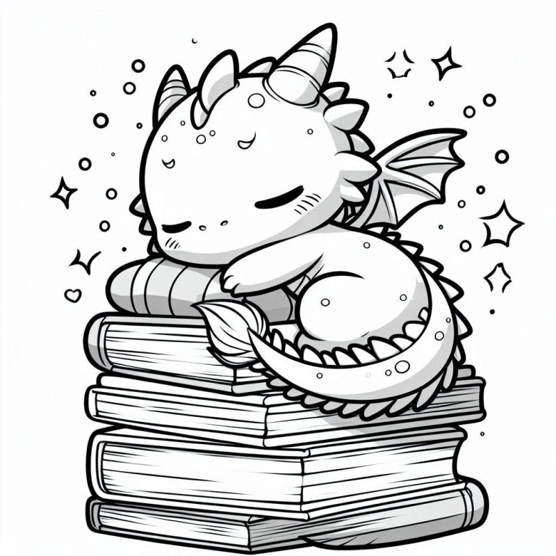 Desenho kawaii de um pequeno dragão adormecido em uma pilha de livros para colorir