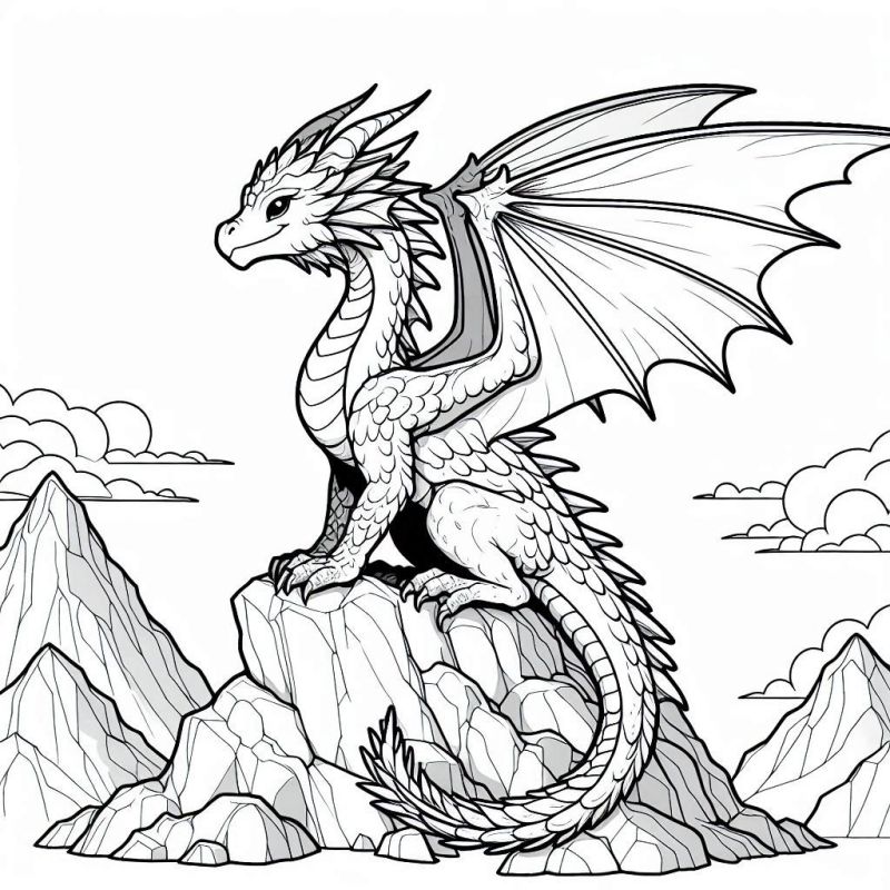 Desenho de Dragão Imponente Sentado Sobre uma Montanha para Colorir