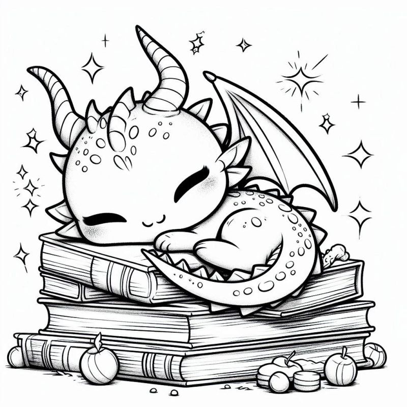 Desenho de Dragão Kawaii Dormindo Sobre Livros para Colorir