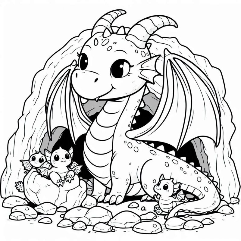 Desenho de dragão mãe e filhotes na entrada de uma caverna para colorir