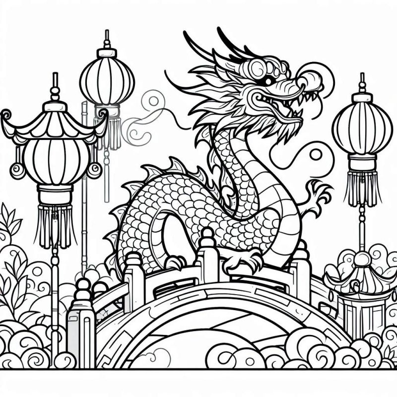 Dragão Oriental Majestoso sobre Ponte para Colorir