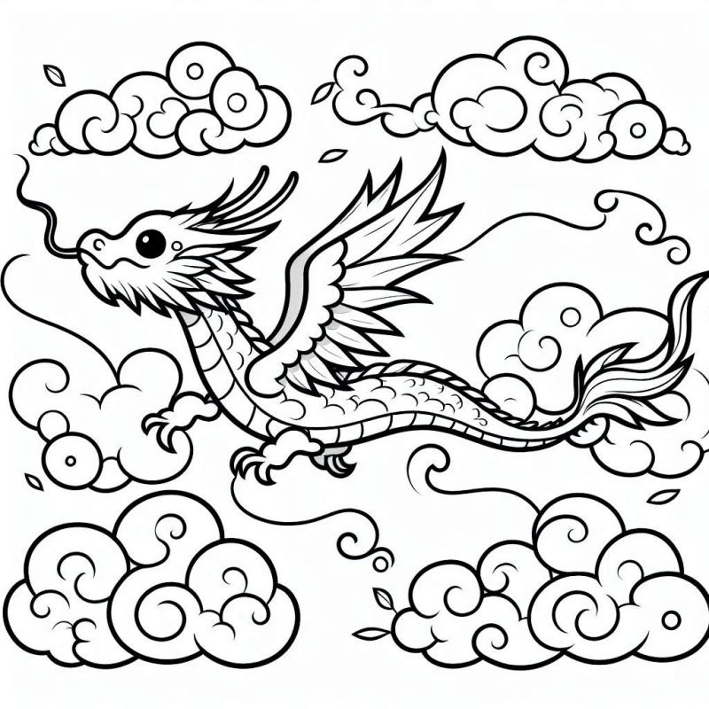 Desenho de dragão oriental voando entre nuvens para colorir