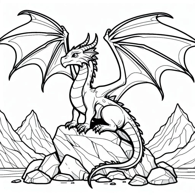 Desenho de Dragão Imponente no Topo do Rochedo para Colorir