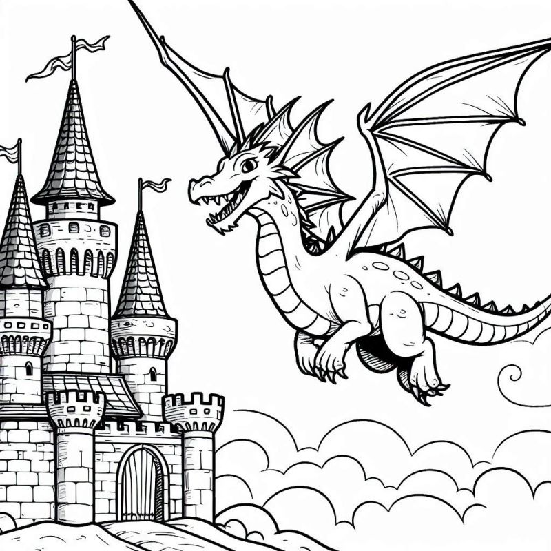 Desenho detalhado de dragão voando próximo a um castelo para colorir