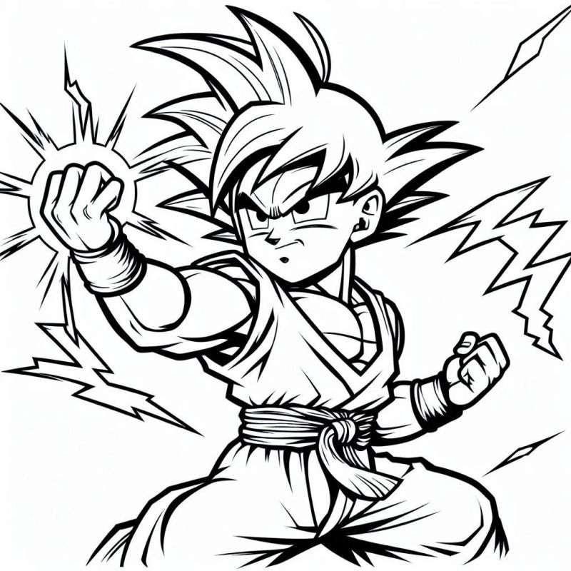 Desenho para colorir de Goku em ação dinâmica de Dragon Ball.