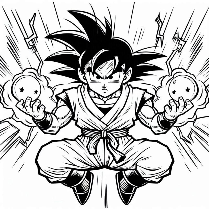 Desenho de Goku levitando com esferas do dragão em mãos