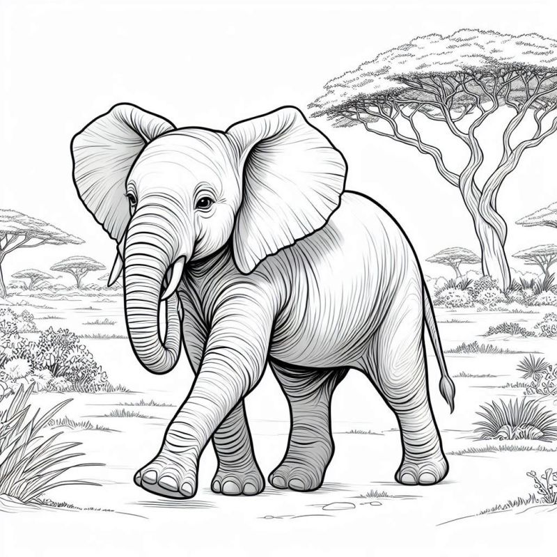 Desenho de Elefante Africano na Savana para Colorir