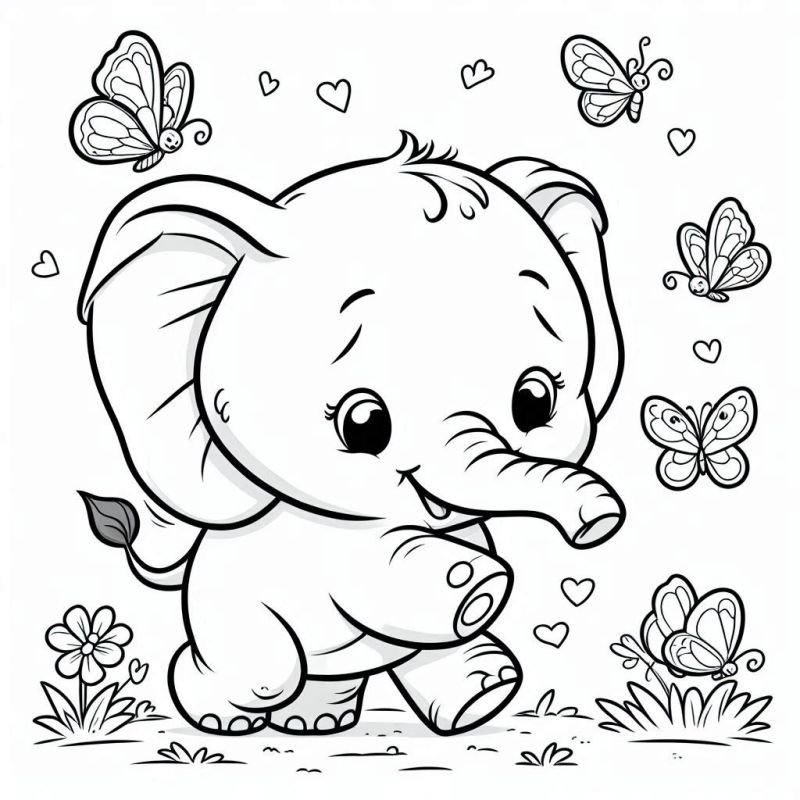 Desenho de Elefante Bebê com Borboletas e Corações para Colorir