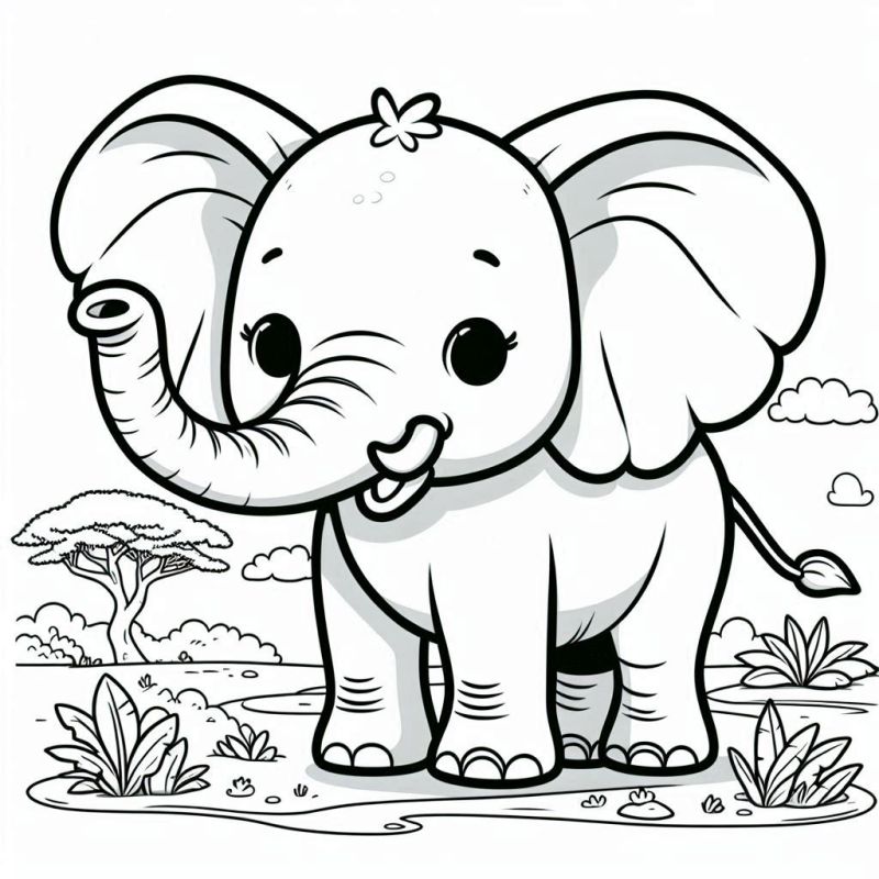 Desenho de Elefante em Cartum na Savana para Colorir