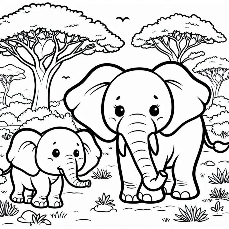 Desenho de Elefante e Filhote para Colorir