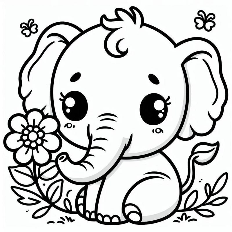 Desenho fofo de elefante kawaii com flor para colorir