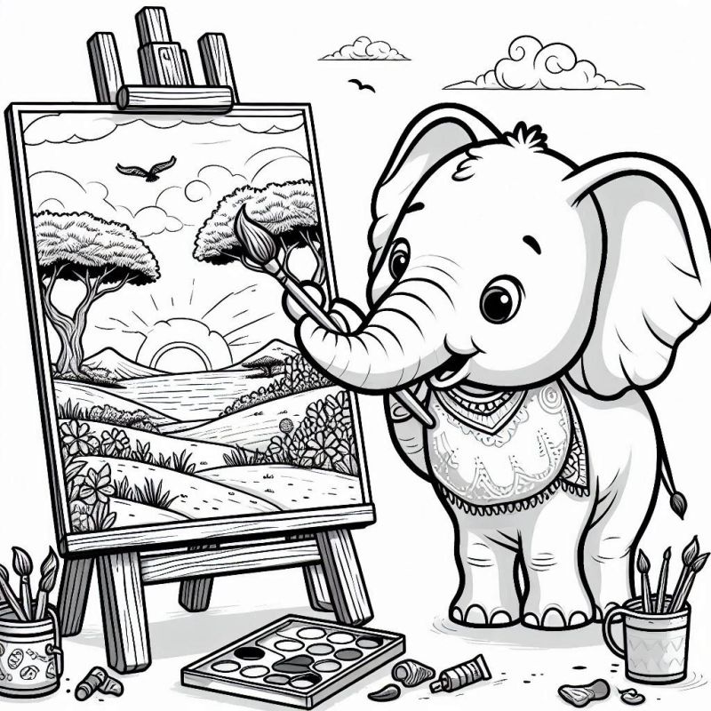 Desenho de Elefante Pintor Fofo para Colorir