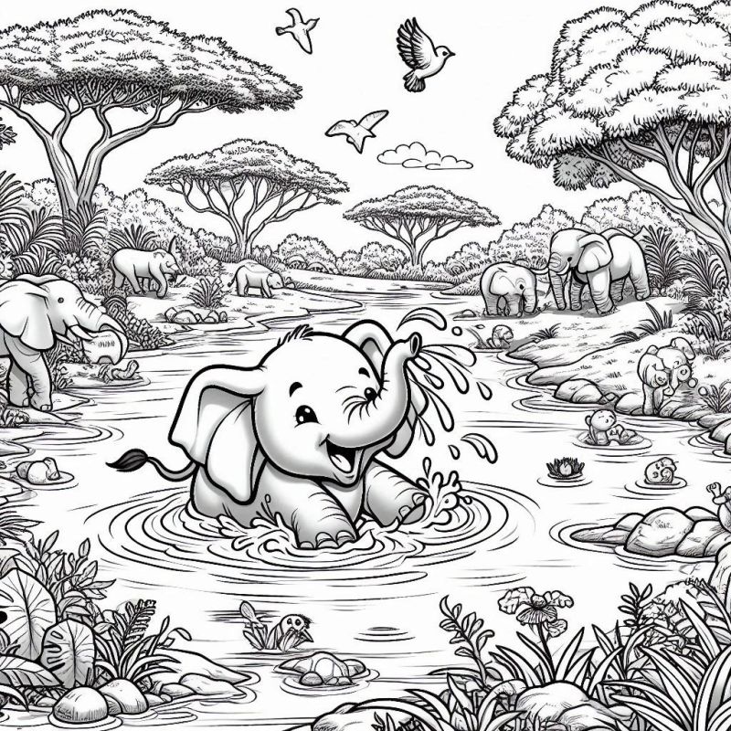 Desenho de Elefante Brincando no Rio para Colorir