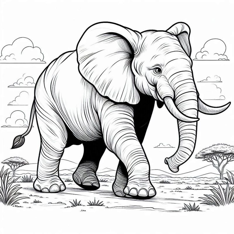 Desenho de elefante africano caminhando na savana para colorir