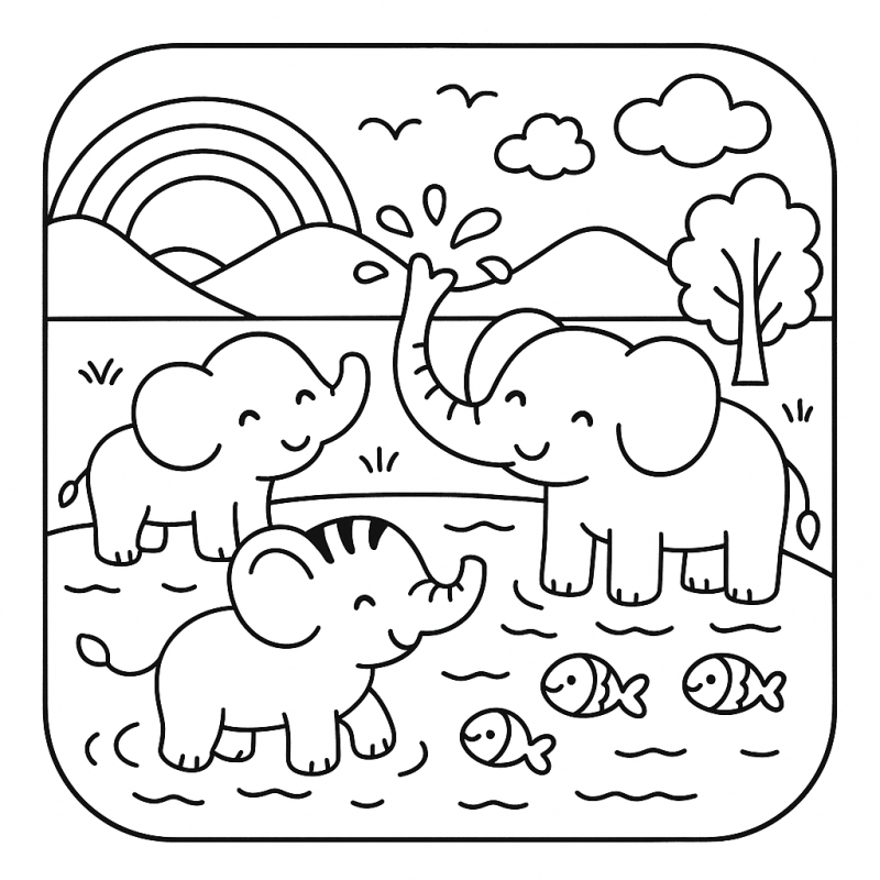 Desenho de Elefantes Alegres no Estilo Boobie Goods para Colorir