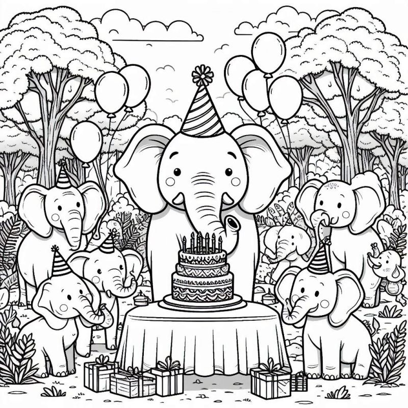 Desenho para Colorir: Elefantes em Festa na Floresta