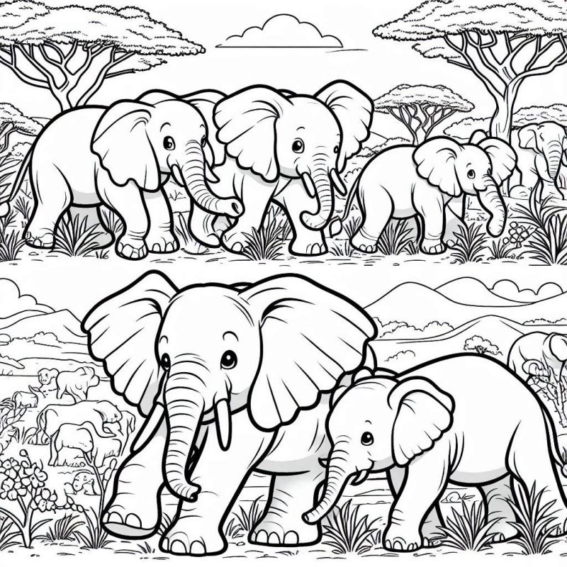 Desenho de Elefantes na Savana para Colorir