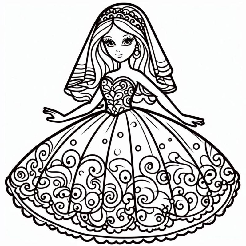 Desenho de boneca com vestido elegante para colorir, com padrões de arabescos e ornamentos