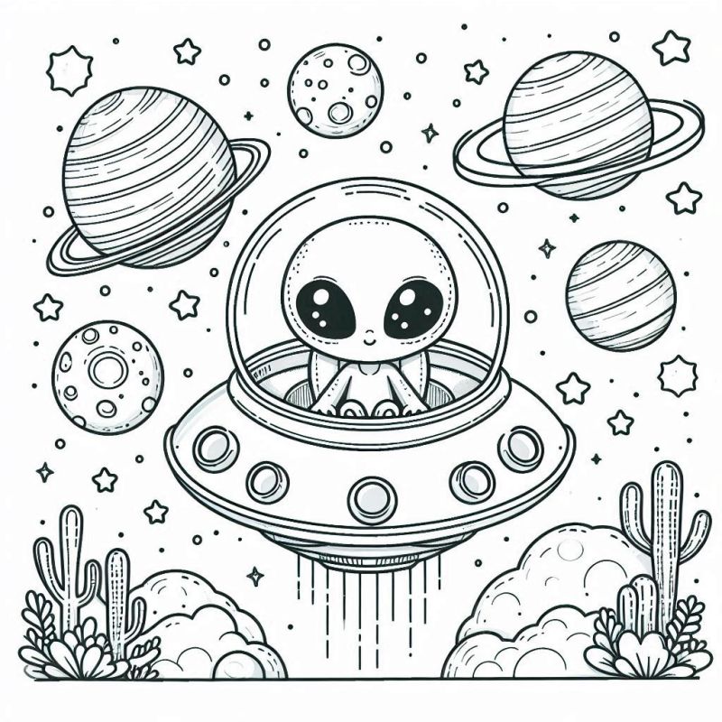 Desenho do Alienígena Amigável na Espaçonave para Colorir