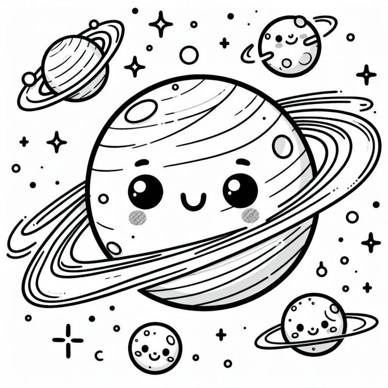 Desenho cativante e adorável do planeta Saturno com um sorriso amigável para colorir.