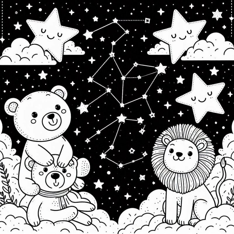 Desenho de urso e leão com constelações para colorir